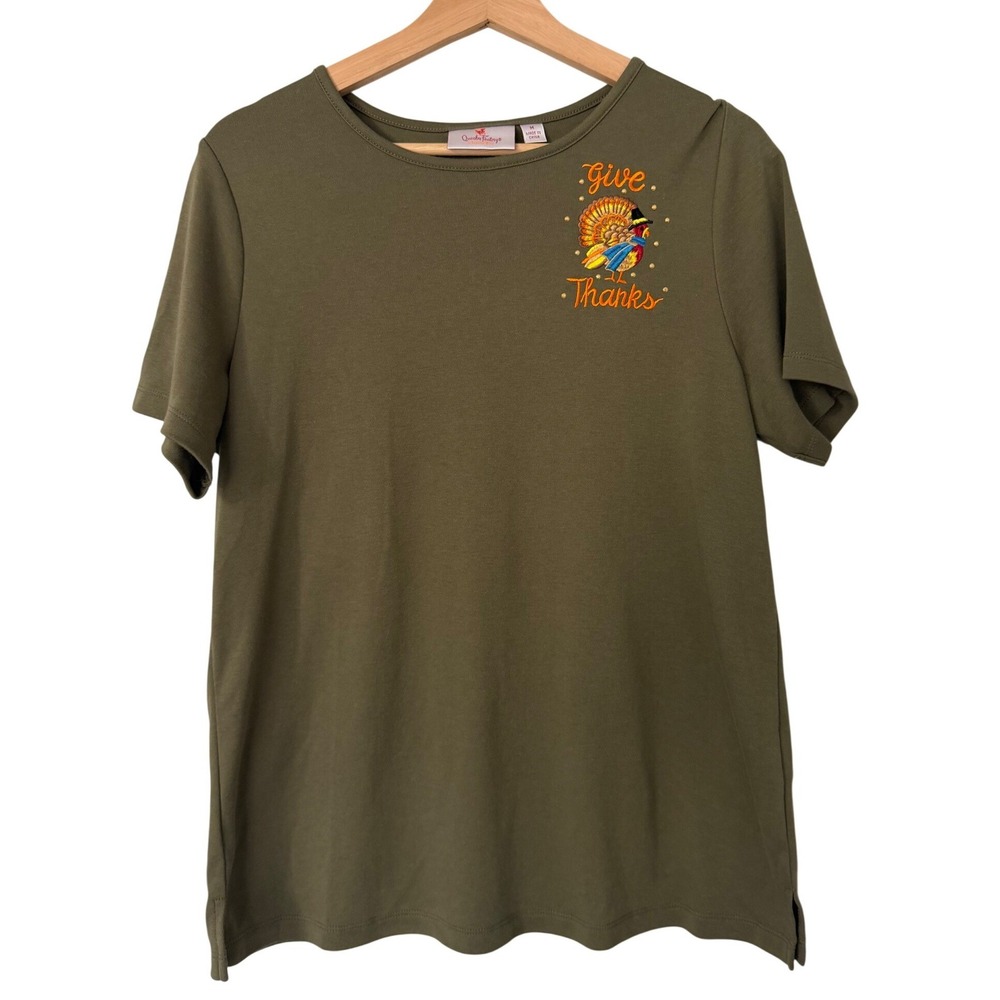 Quacker Factory Jeanne Bice Give Thanks Turkey Embroidered Tee Olive Green M